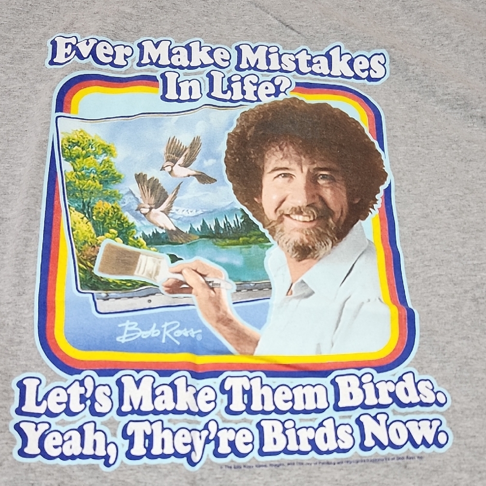 BOB ROSS "EVER MAKE MISTAKES IN LIFE?" FUNNY GRAPHIC CREW-NECK GRAY TEE-SHIRT L